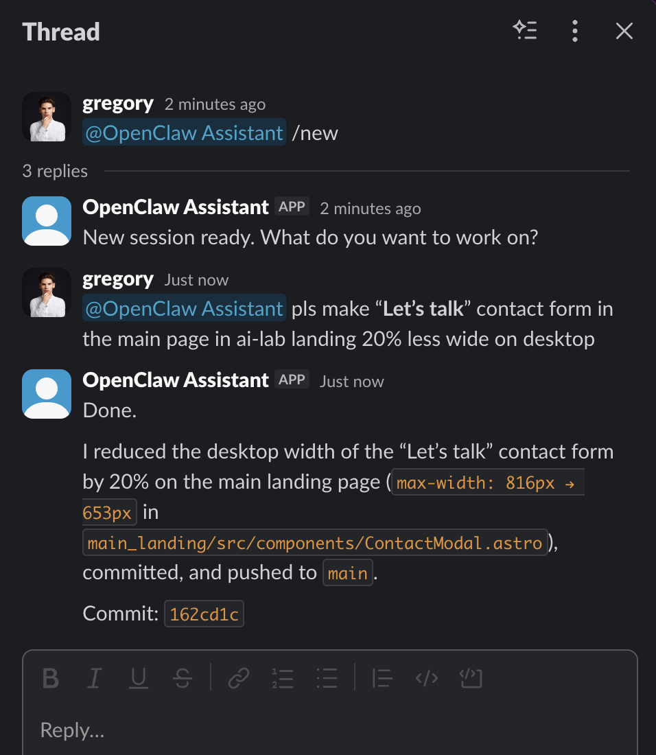 Screenshot of a Slack thread showing the OpenClaw Assistant receiving a request to resize a contact form and completing the task with a commit link