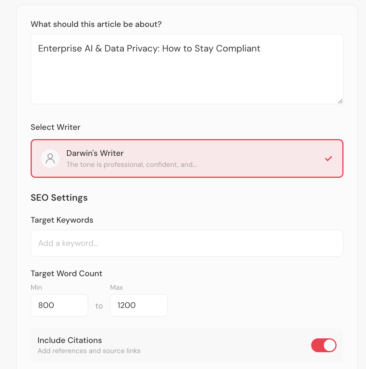 Article configuration interface