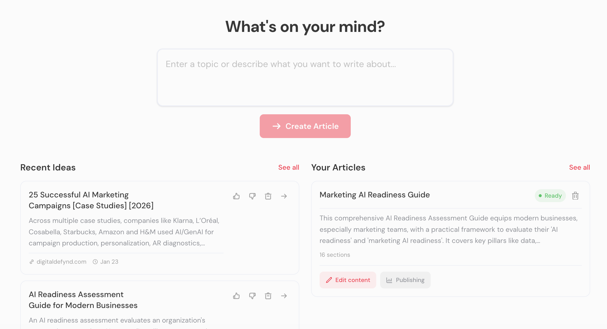 Main dashboard view of the content creation platform